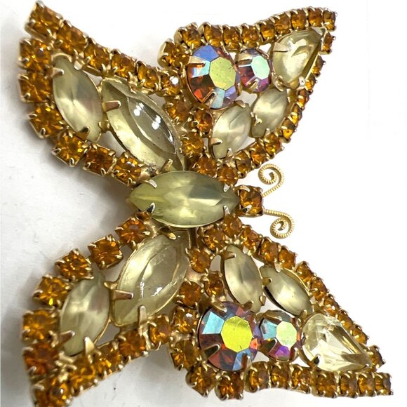 Weiss Signed Butterfly Brooch Aurora Borealis Citrine and Gold Colored Rhineston - Picture 4 of 11